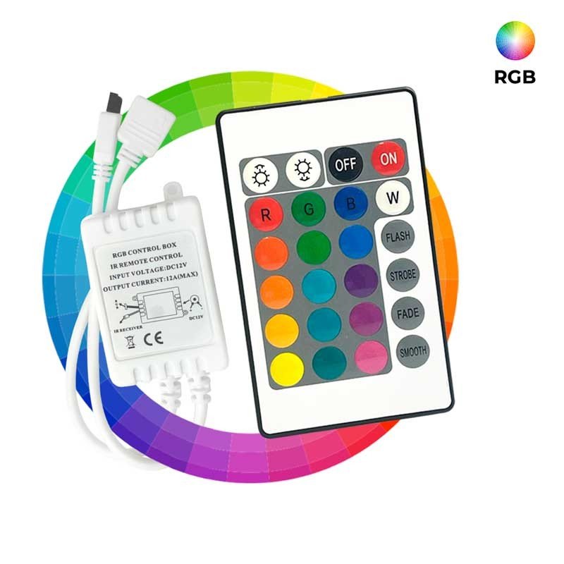 RGB LED juostelės valdiklis 2 amperai kiekvienam kanalui, IR nuotolinio valdymo pultas 24 klavišai