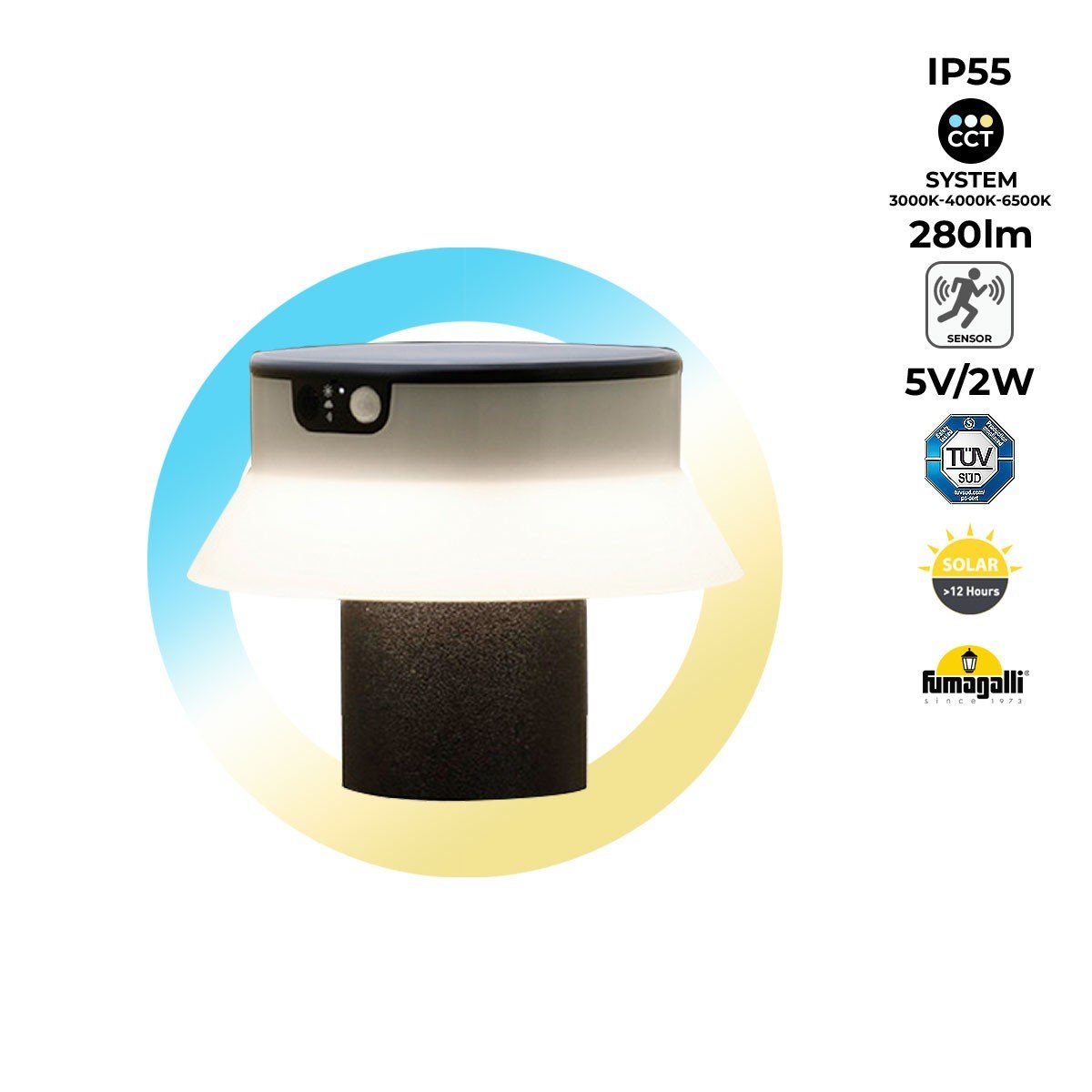 Saulės energija maitinamas LED stulpelis „FELICE 200“ (18 cm) su PIR jutikliu