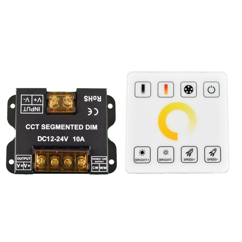 Dvigubas baltos spalvos CCT reguliatorius LED juostelėms su radijo dažnio jutikliniu skydeliu – 5–24 V/DC