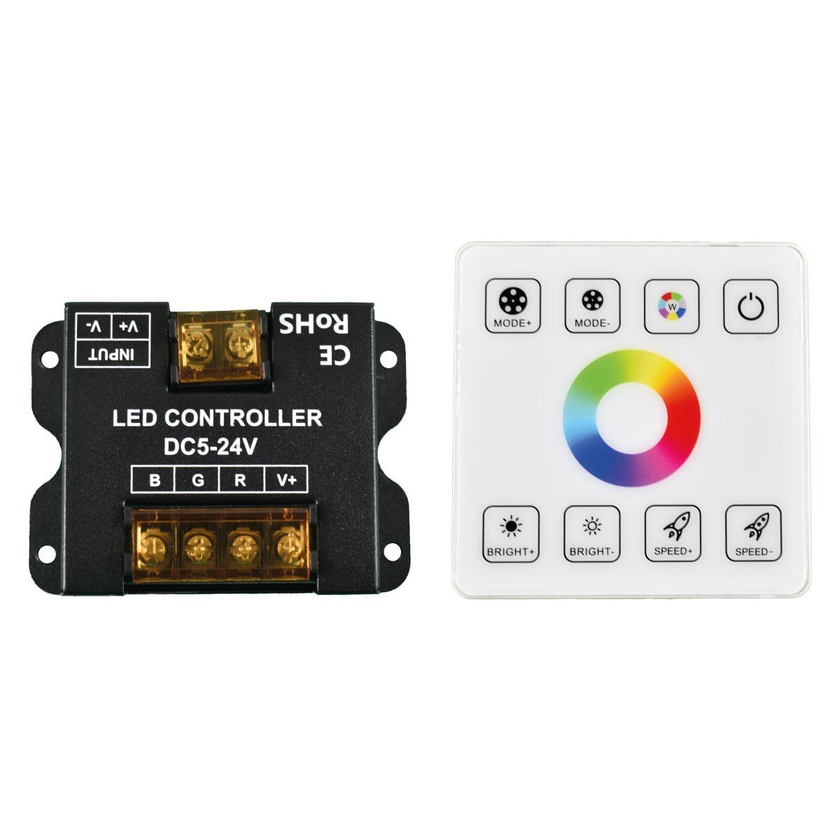 RGB valdiklis LED juostoms su RF jutikliniu skydeliu