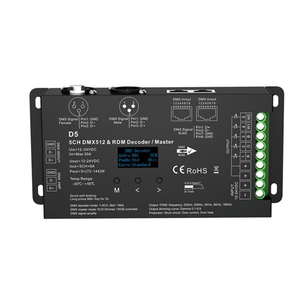 DMX512 dekoderis 12-24V DC - 6A/kanalas - 5 kanalai - OLED ekranas