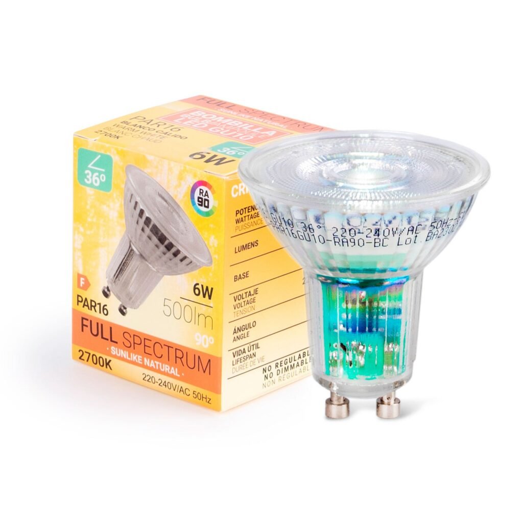 LED lemputė GU10 6 W, visos spektro spalvos „SUNLIKE“ – „Crystal“ – 500 lm – CRI 90 – PAR16 – 36°.