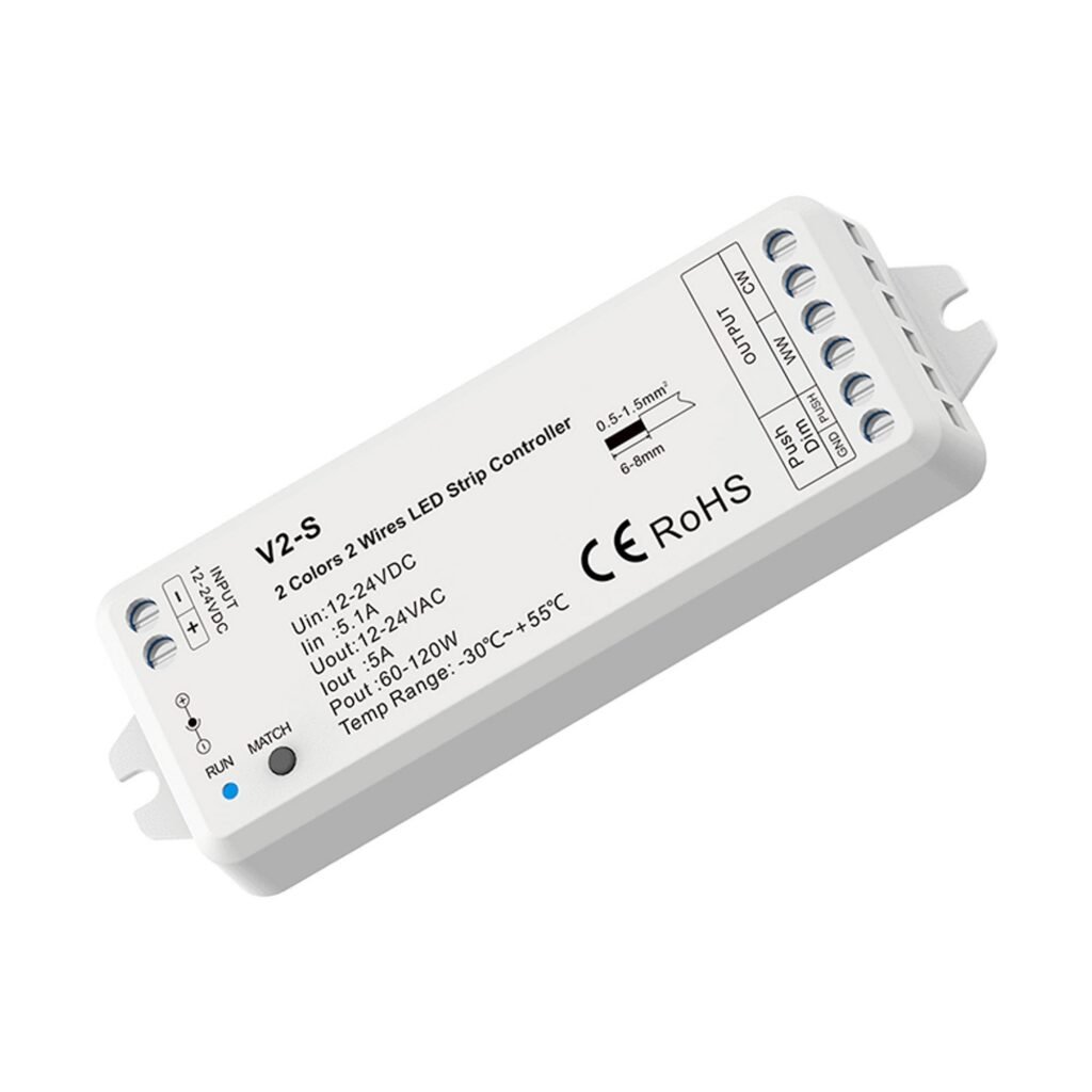 CCT valdiklis – 12–24 V DC – 2 laidai – 5 A – RF 2,4 GHz – „PUSH“ reguliatorius – „Skydance“