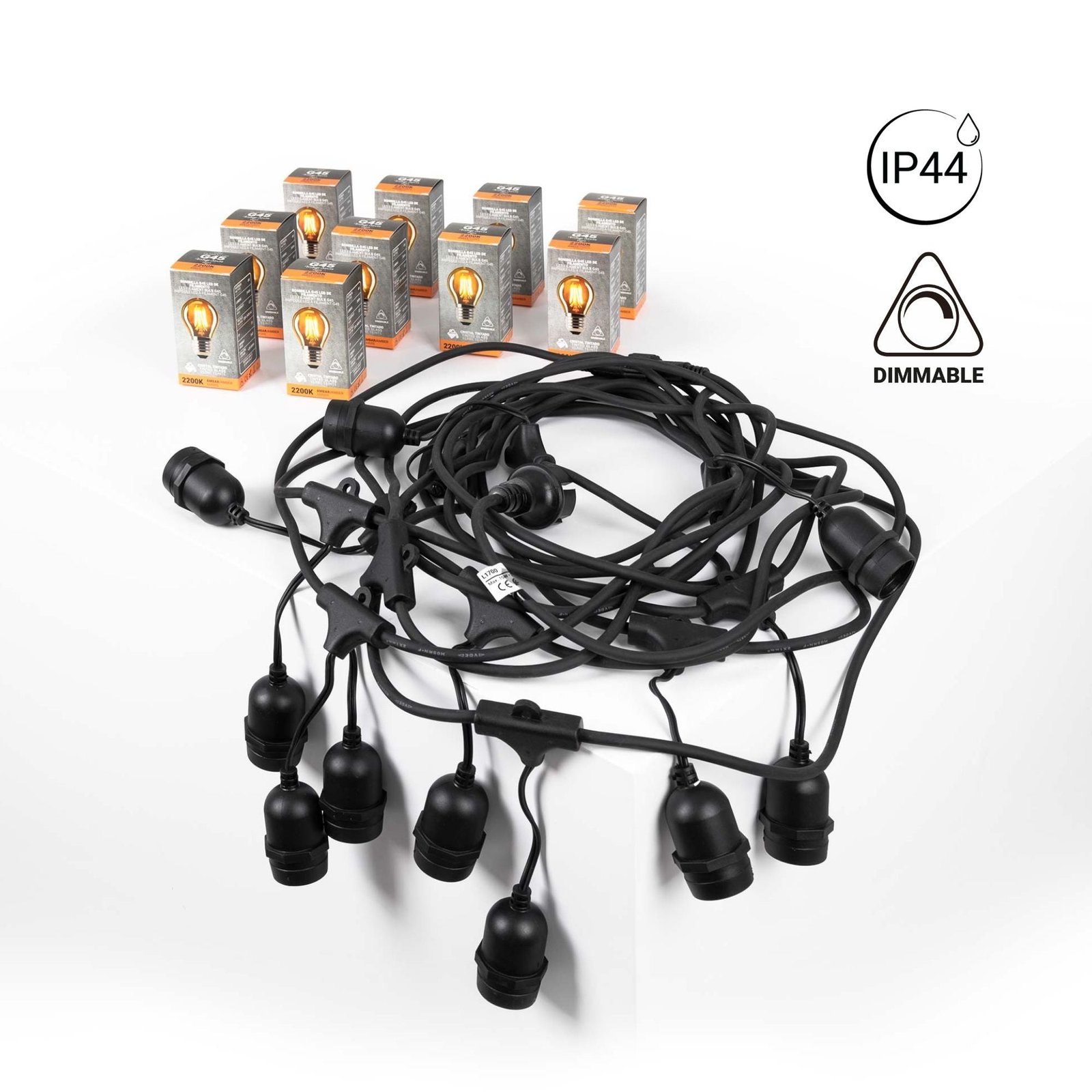 Rinkinys – 11,5 m lauko girliandos + 10 reguliuojamų LED lempučių G45/E27 - 4W - 2200K - IP44
