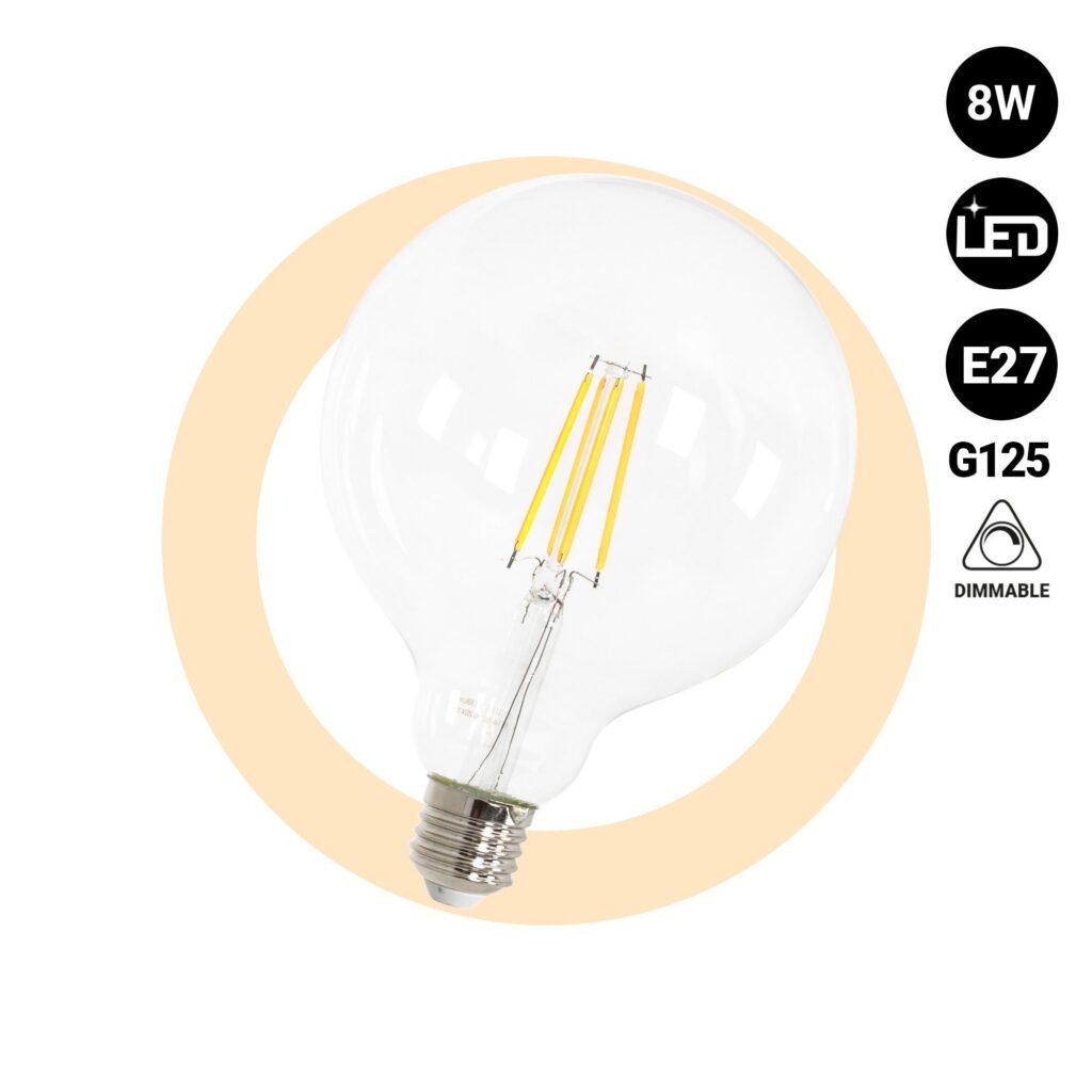 LED lemputė su kaitinamuoju siūlu, rutulio formos – E27 G125 – 8 W – su reguliuojamu šviesos stiprumu