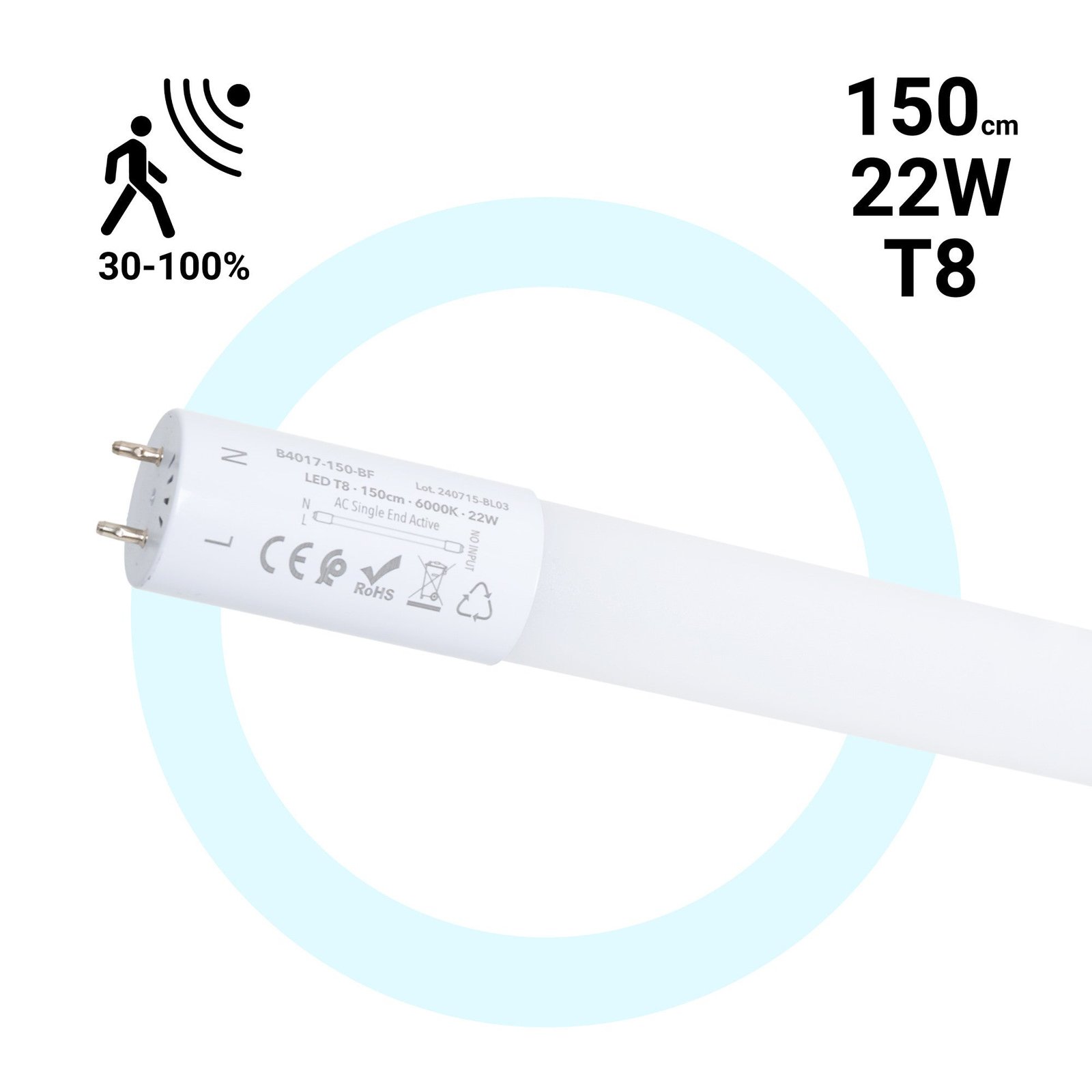 LED T8 lempa su mikrobangų judesio jutikliu 30–100 %