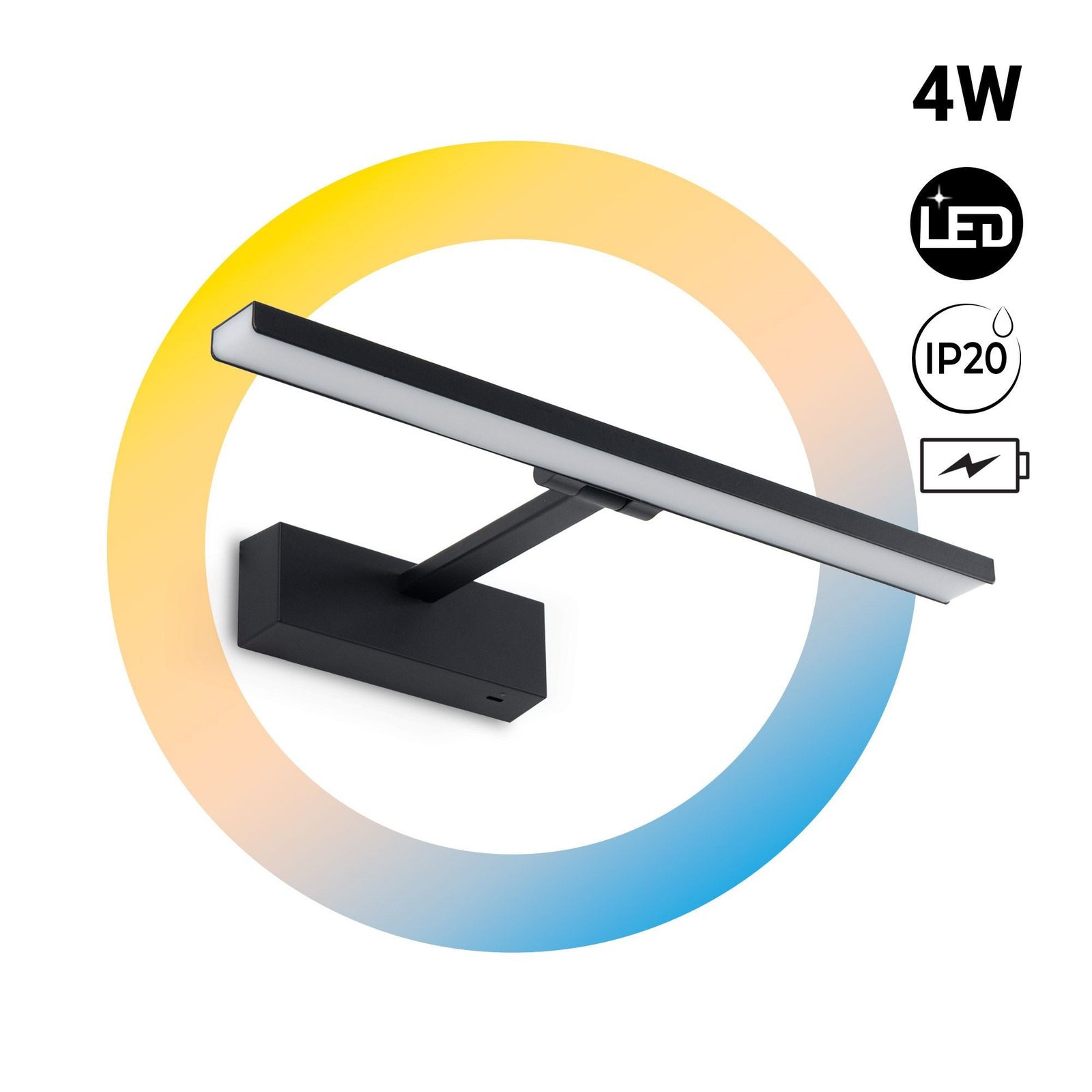 LED sieninis šviestuvas su baterija, 4 W