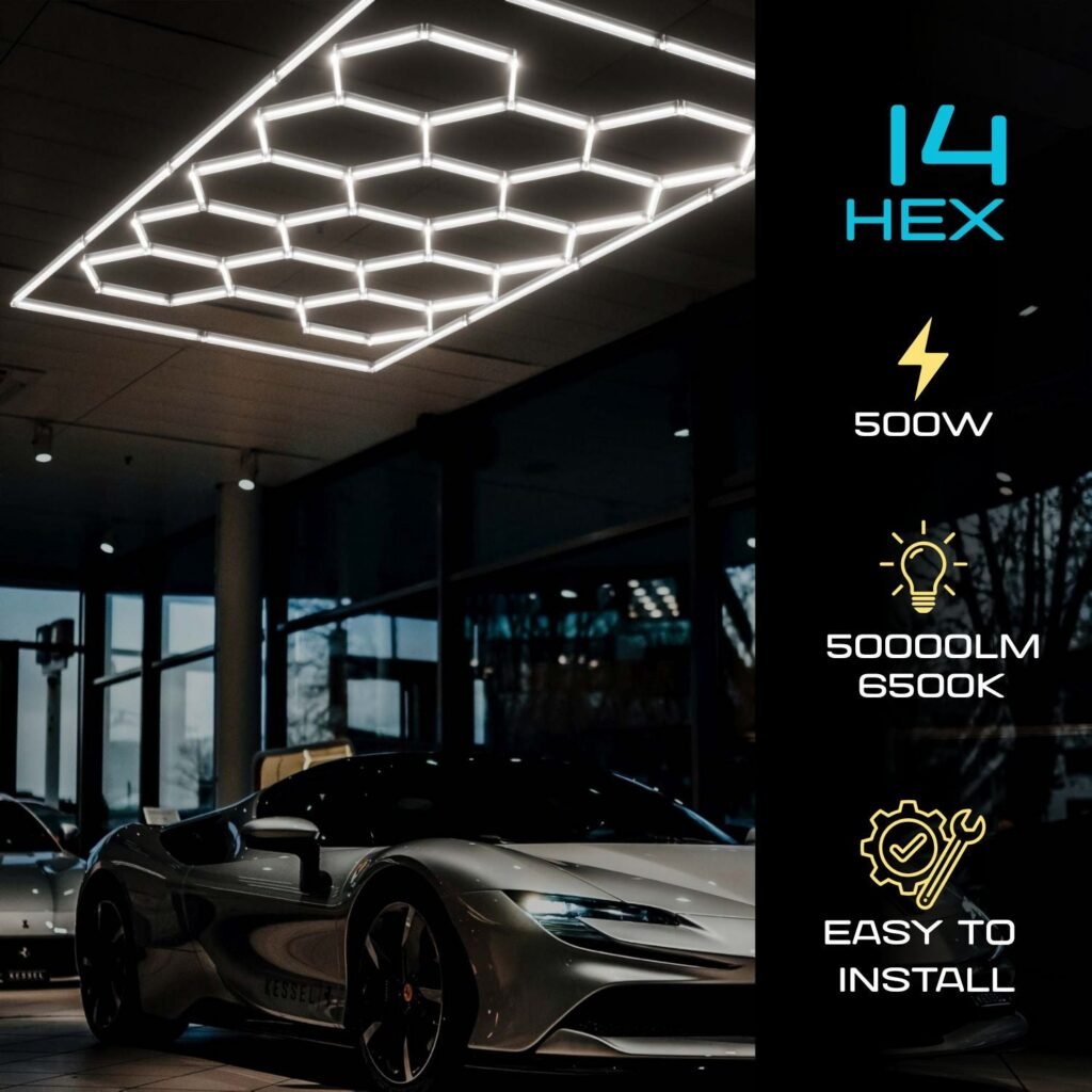 Šešiakampė LED lempa – 6500K – 14 šešiakampių + stačiakampis 5m