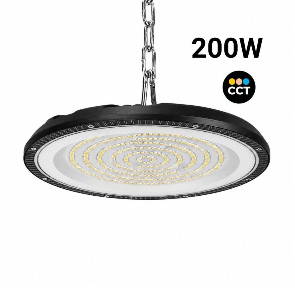 „UFO“ pramoninis LED aukštų patalpų šviestuvas – CCT – 200 W – 90º – 100 lm/W – IP65