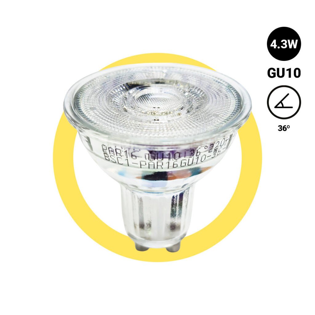 GU10 LED lemputė, 4,3 W, stiklinė – 130 lm/W – PAR16 – 36°