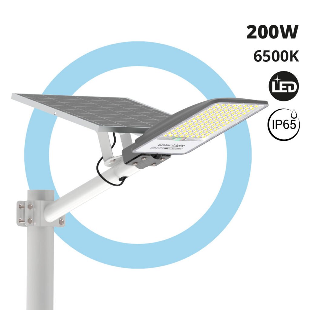 Saulės šviesos gatvės žibintas su skydeliu ir nuotolinio valdymo pultu – 200W – 6500K – IP65
