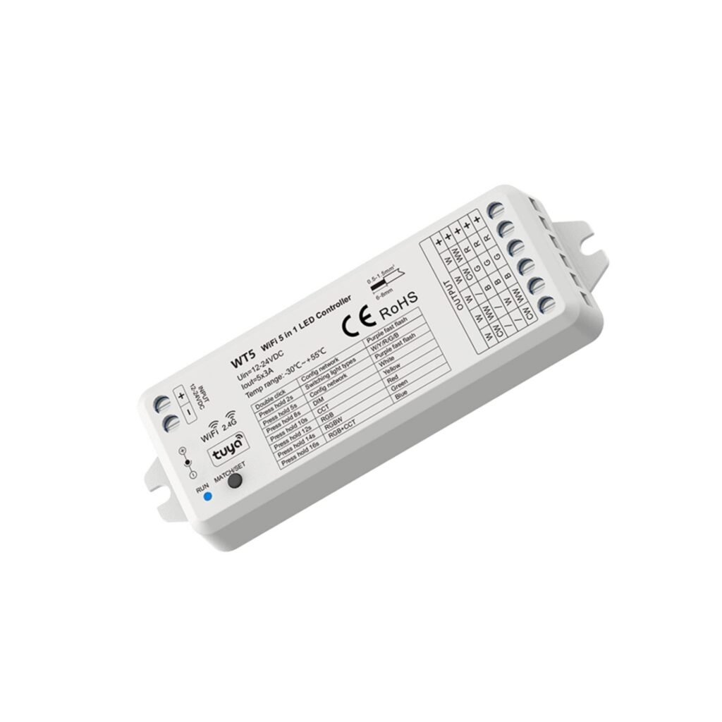 Monocolor/CCT/RGB/RGBW/RGB+CCT valdiklis – kompaktiškas – 12-24V DC – WiFi+RF – TUYA – Skydance